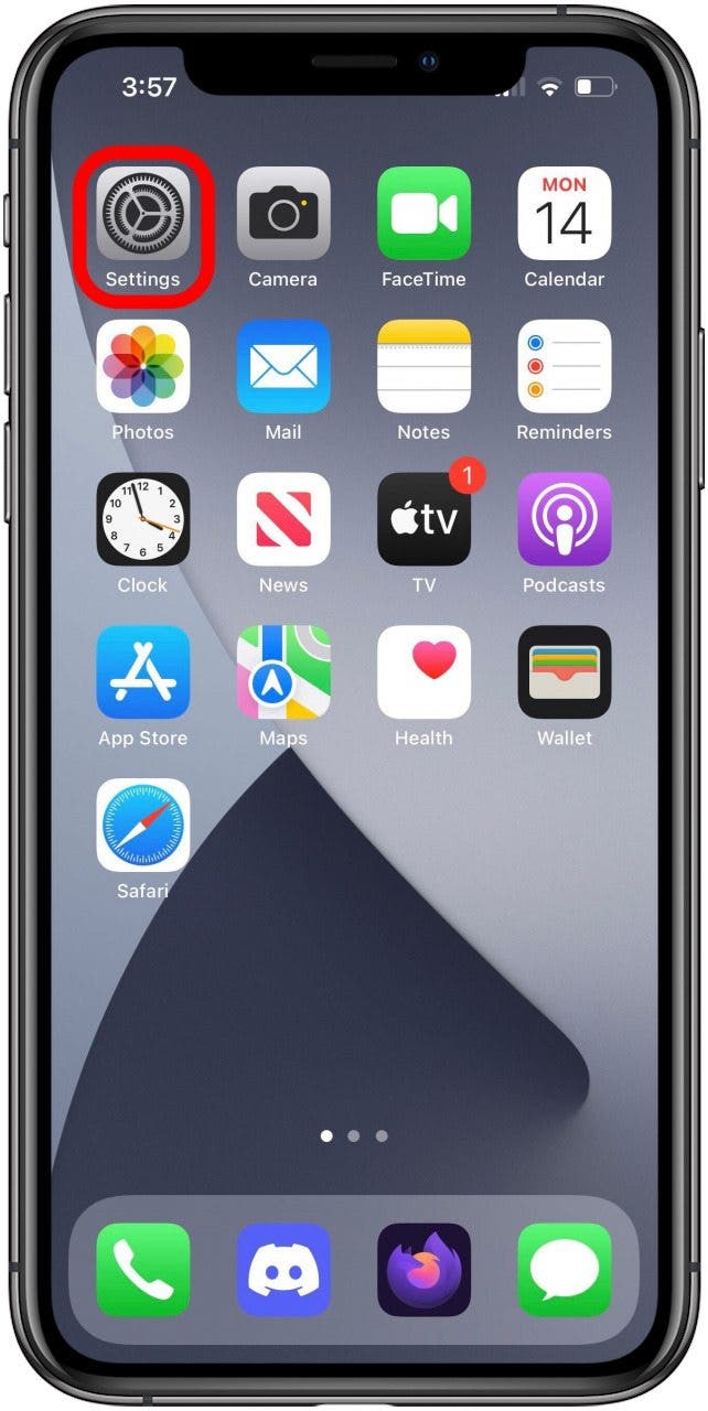 Home Screen with Settings app icon marked.