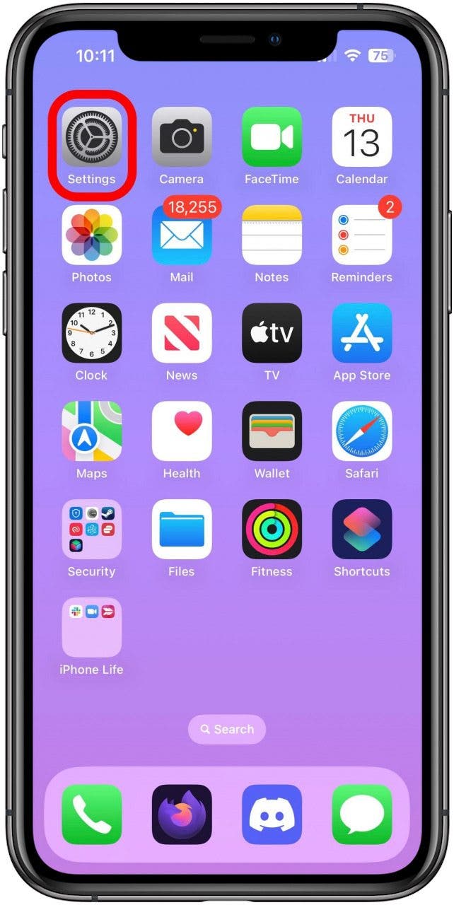 Home Screen with Settings app icon marked.