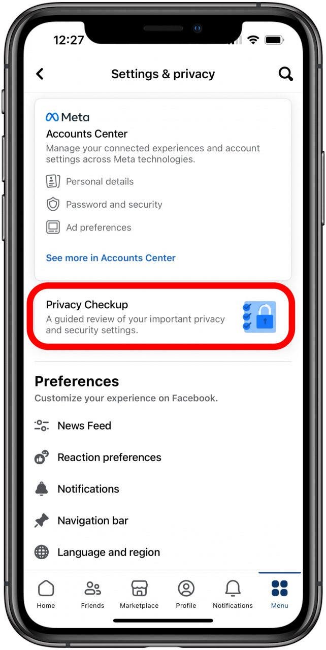 how to change privacy settings on facebook tap privacy checkup
