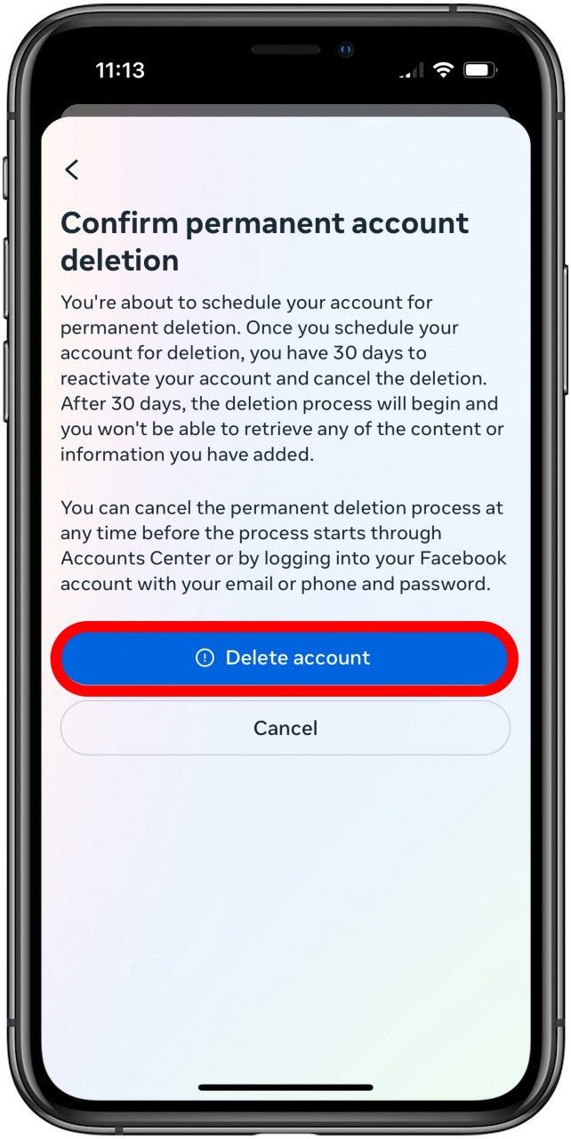 how to delete facebook account iphone tap delete account
