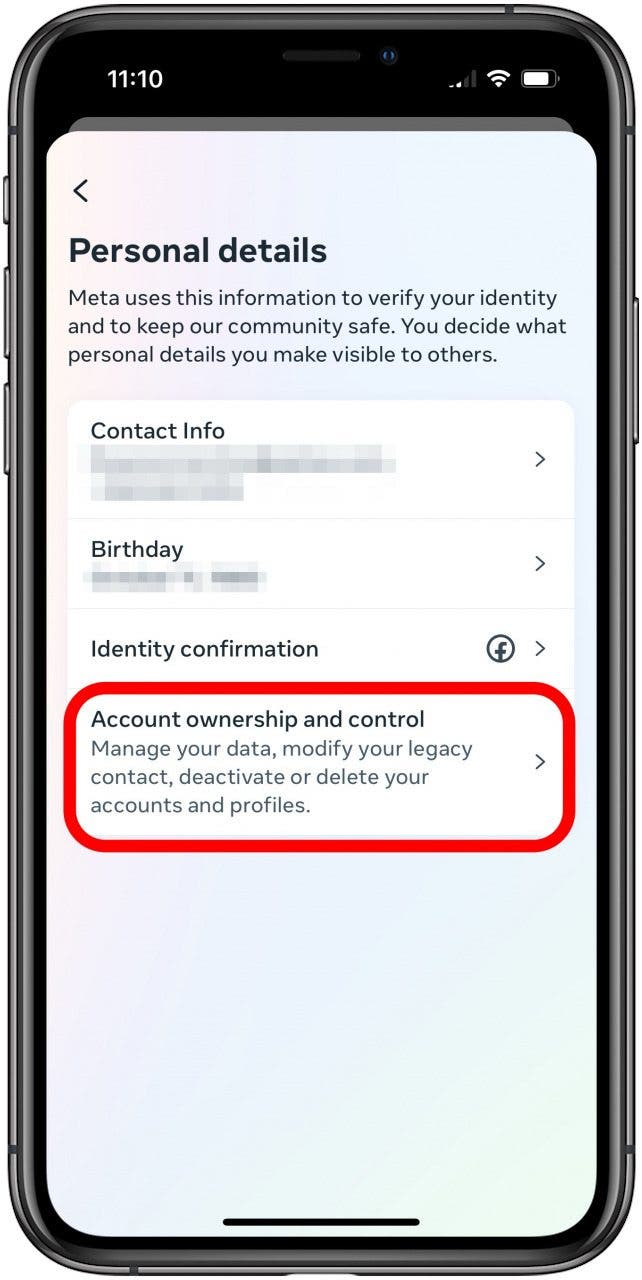 how to delete facebook on iphone tap acount ownership and control