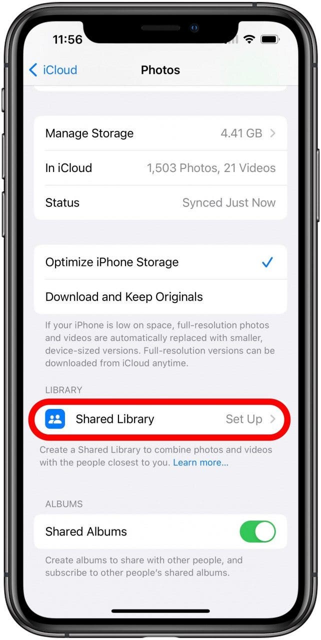 Photos iCloud Settings screen with Shared Library option marked.