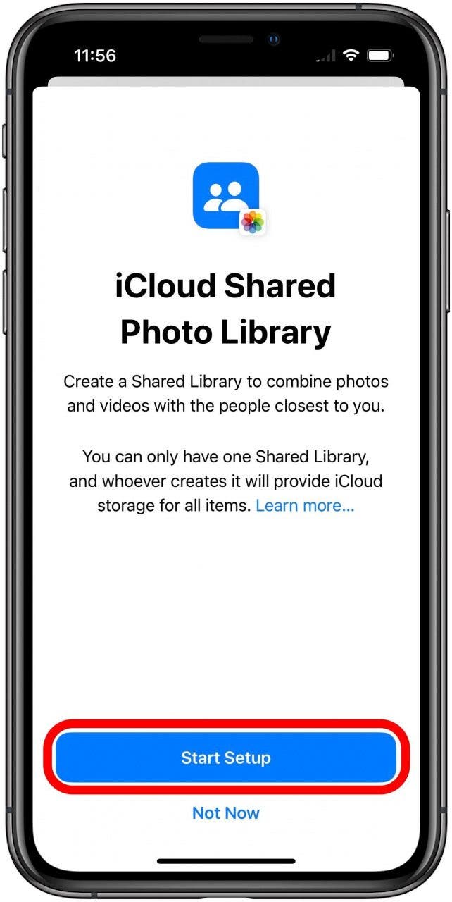 iCloud Shared Photo Library setup first screen with Start Setup button marked.