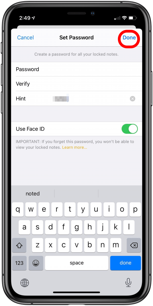 How to lock a hot sale note on iphone