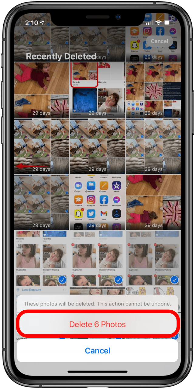 Tap delete number of photos