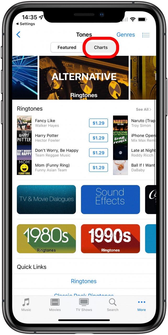 You can also tap the Charts tab to see the most popular tones.