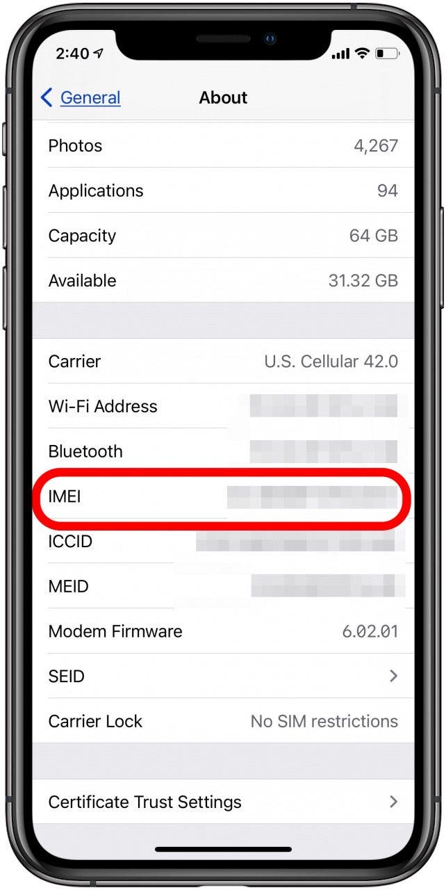 iphone imei number in about section of general iphone settings