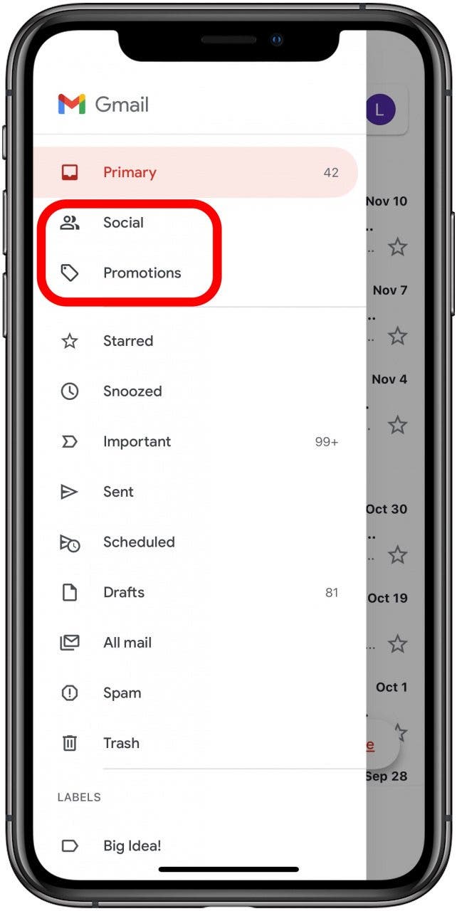 tap the gmail category you want to open
