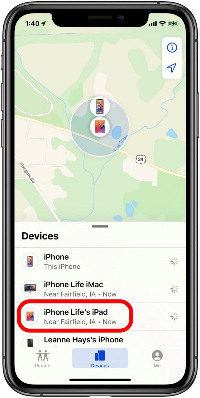 tap the missing device in the find my app