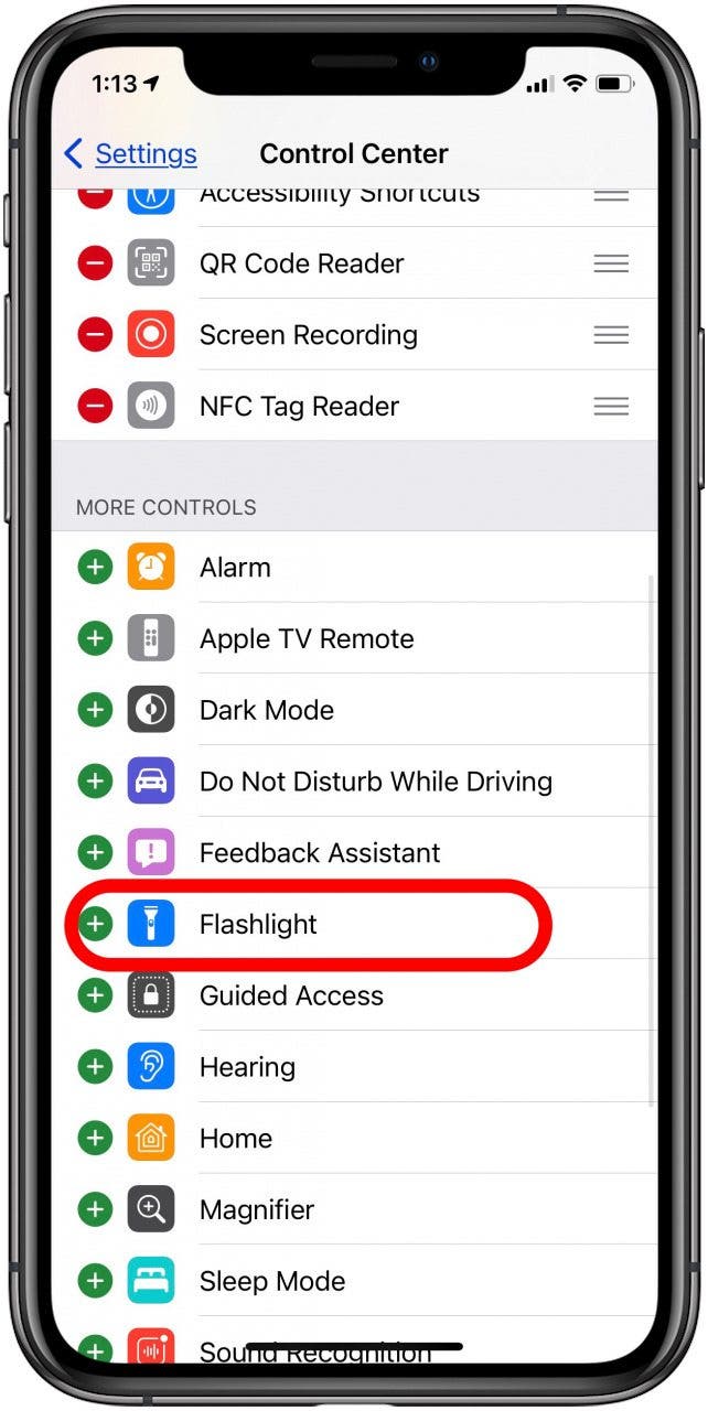 add flashlight to control center
