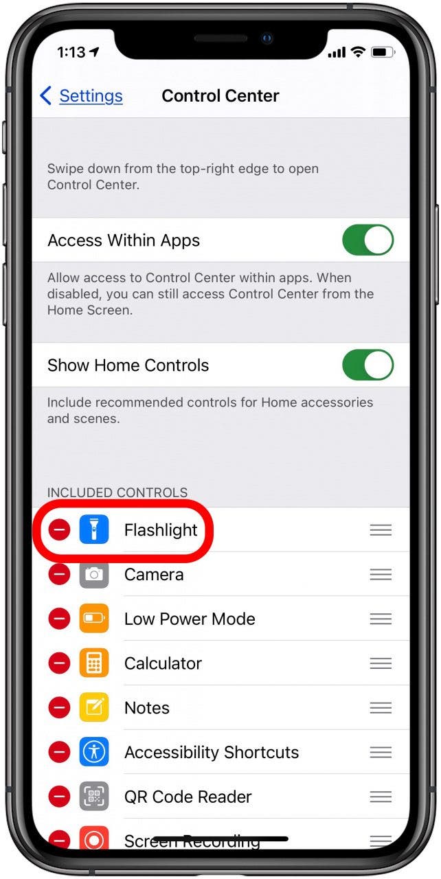 flashlight added to control center