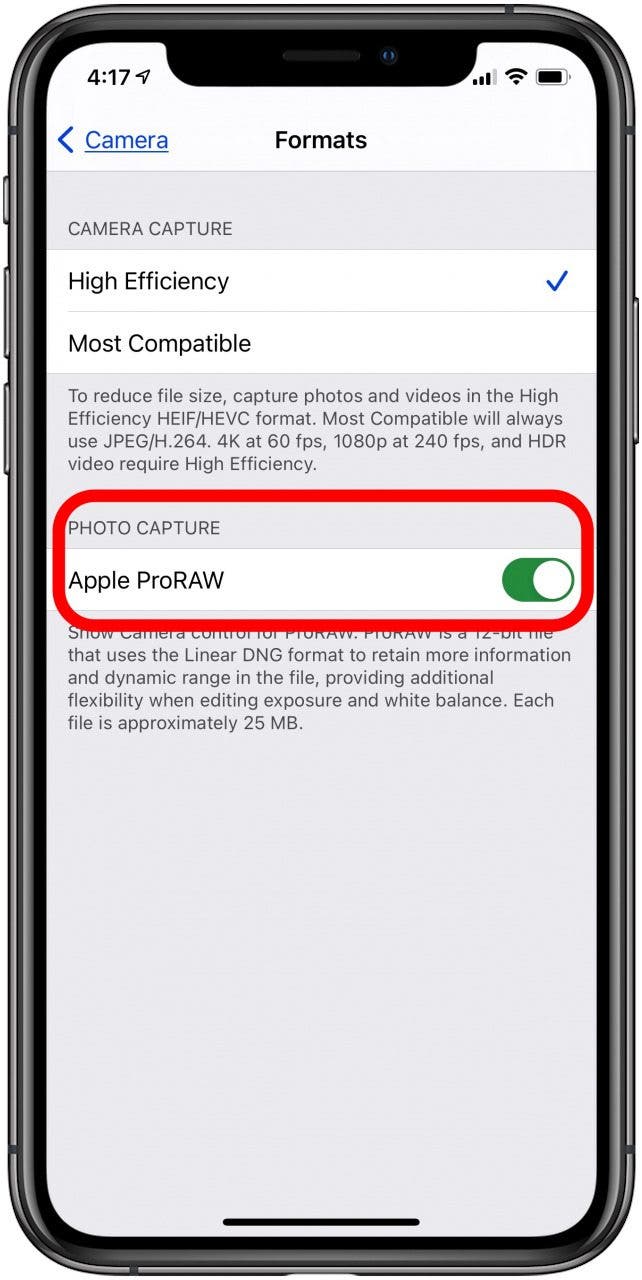 toggle on apple proraw