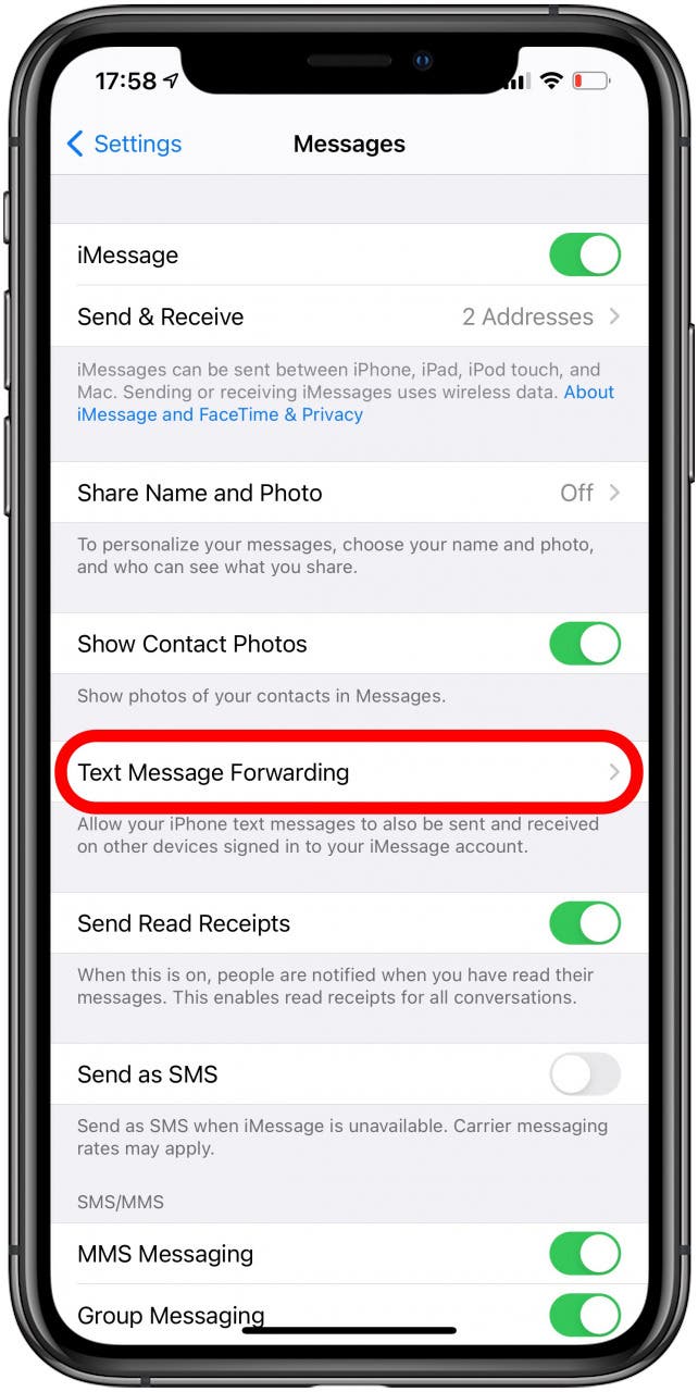 Tap Text Message Forwarding.