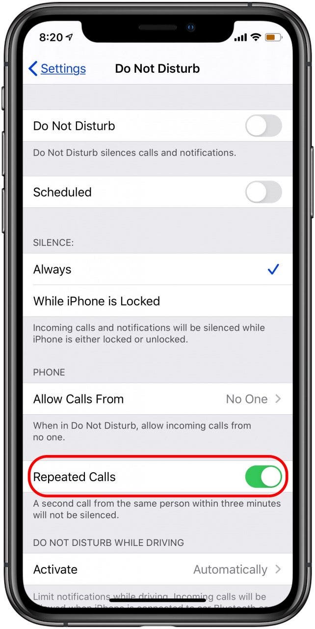repeated calls feature in do not disturb
