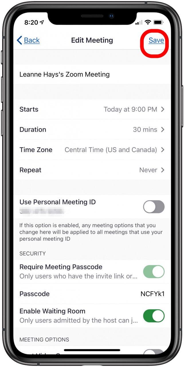 tap save when finished editing meeting options