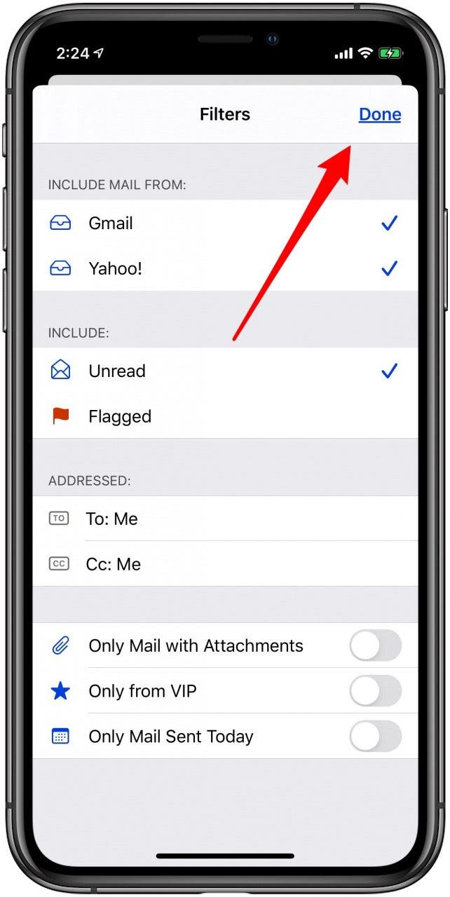 tap done when you're finished setting email filters