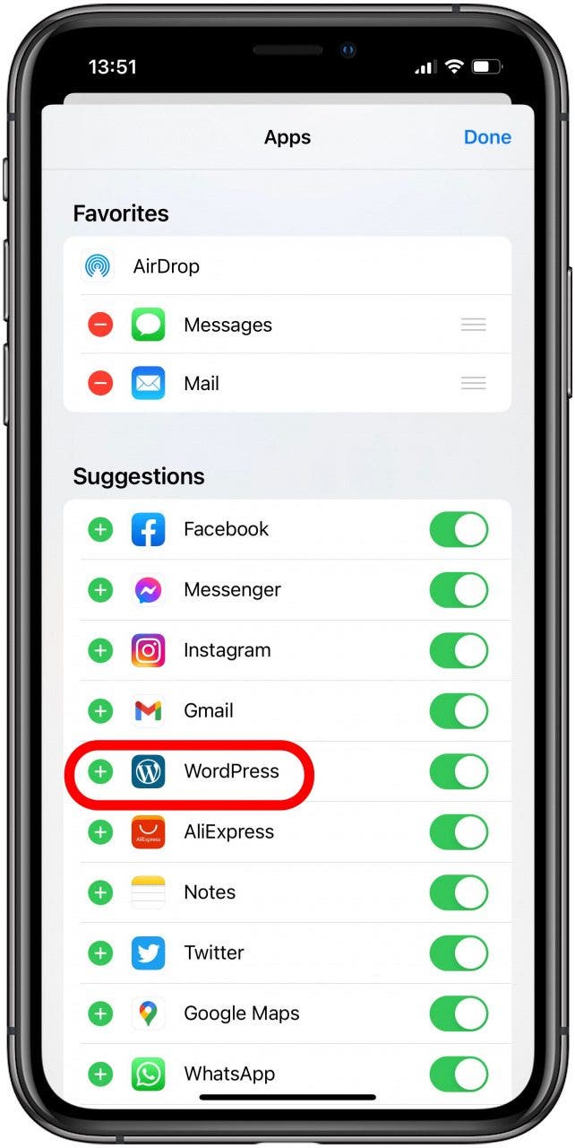 Select an app to add to favorites on share sheet