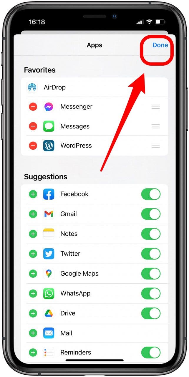 Tap done to save changes to the share sheet