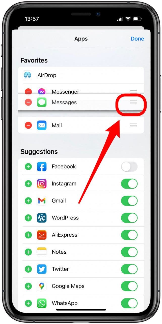 Drag to reorder apps in the share sheet settings