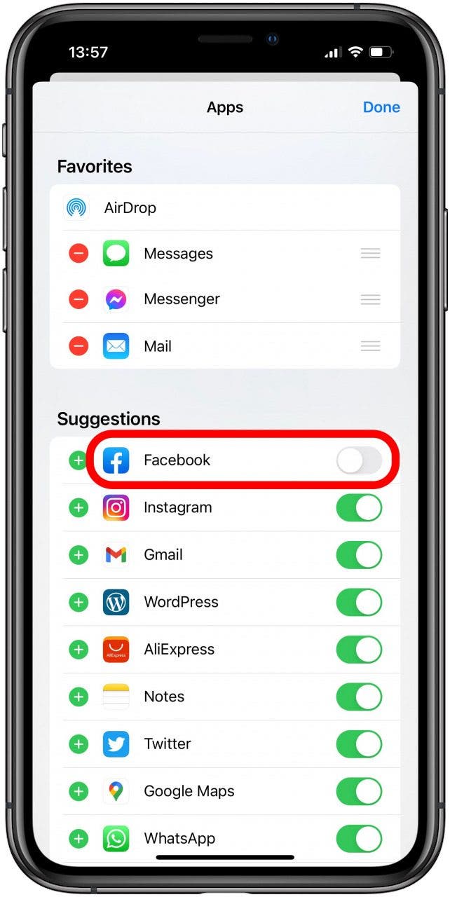Toggle to not see an app suggested in the share sheet
