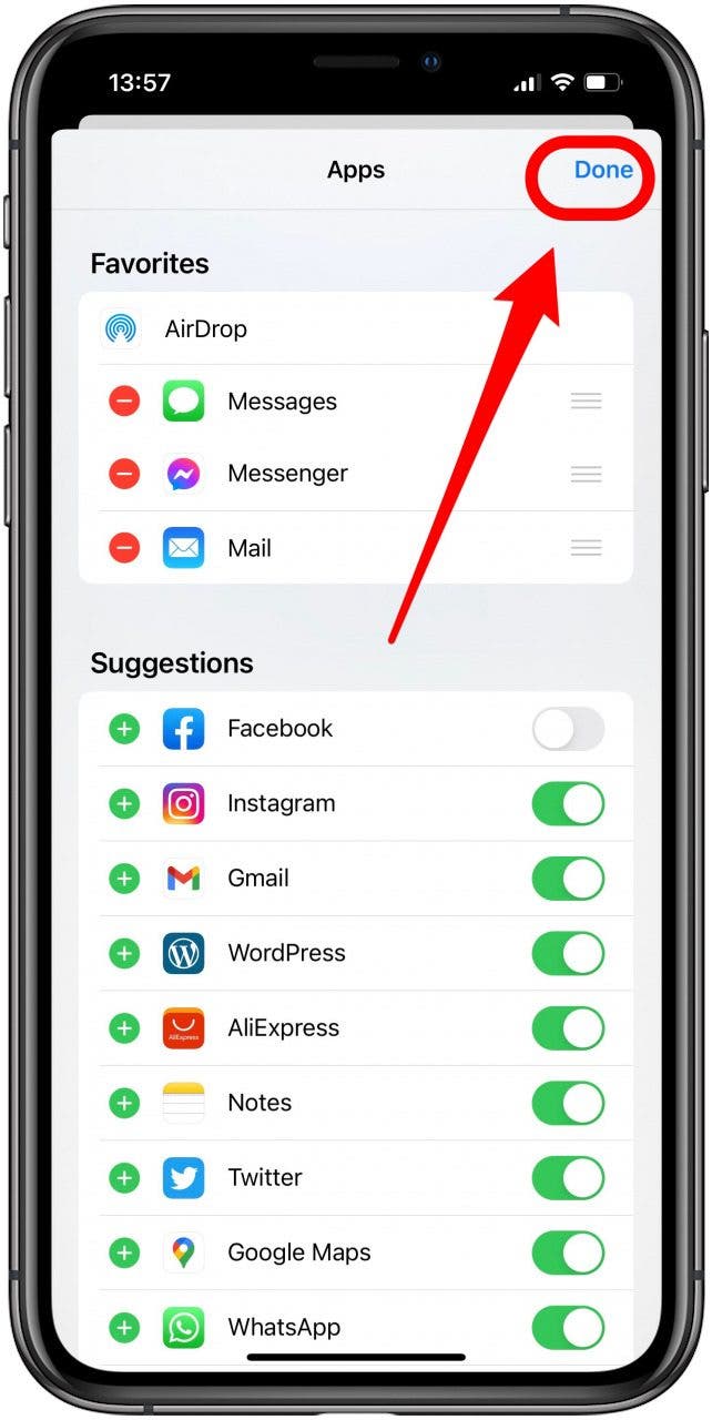 Tap done to save changes to the share sheet