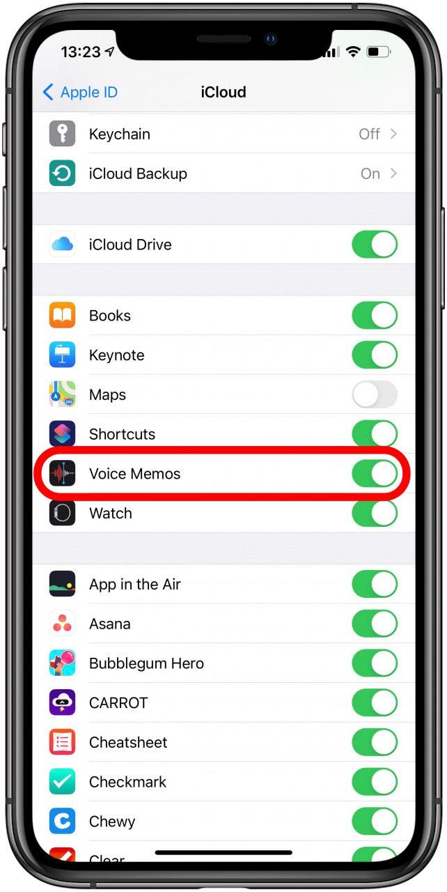 Scroll down until you find Voice Memos and make sure it is toggled on. 