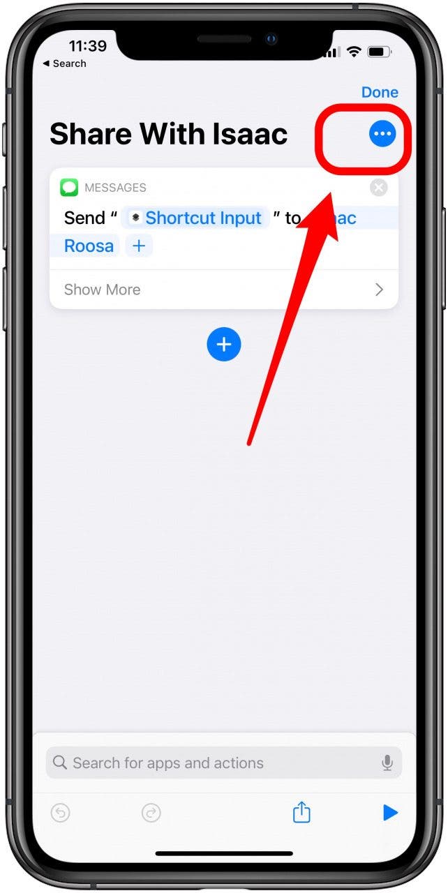 Tap three dots to open shortcut settings