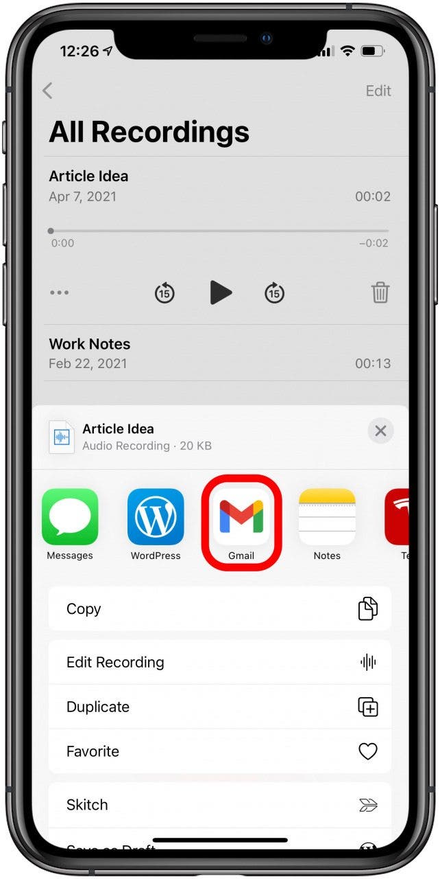 Here you will see a list of apps that you can send the voice memo to.