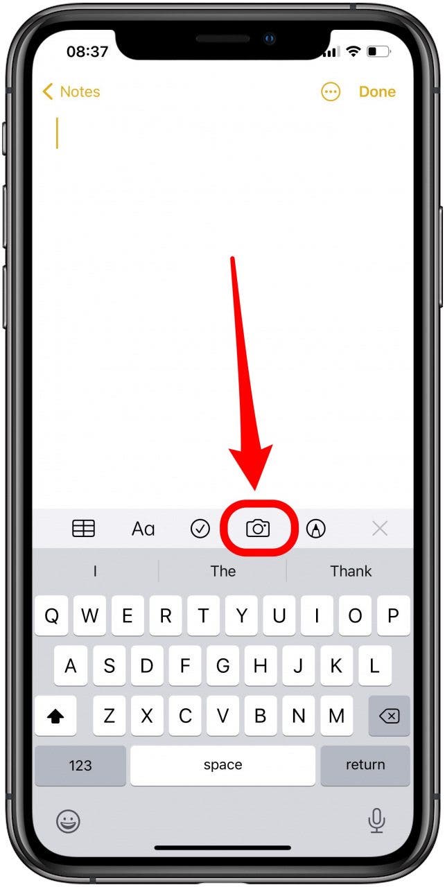 Tap the camera app to scan a photo in the Notes app