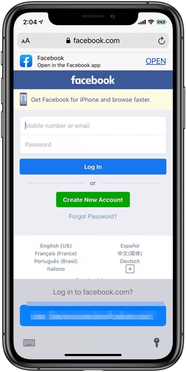 facebook login from safari