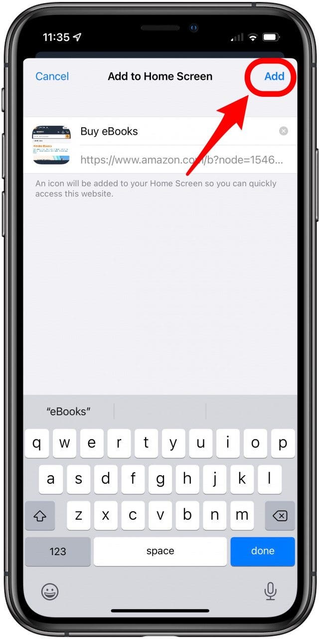 Tap Add to create an icon for the Kindle store to your Home screen.