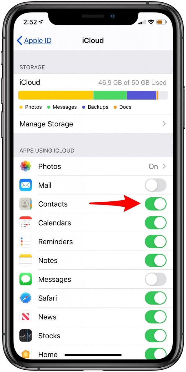 toggle on icloud contacts