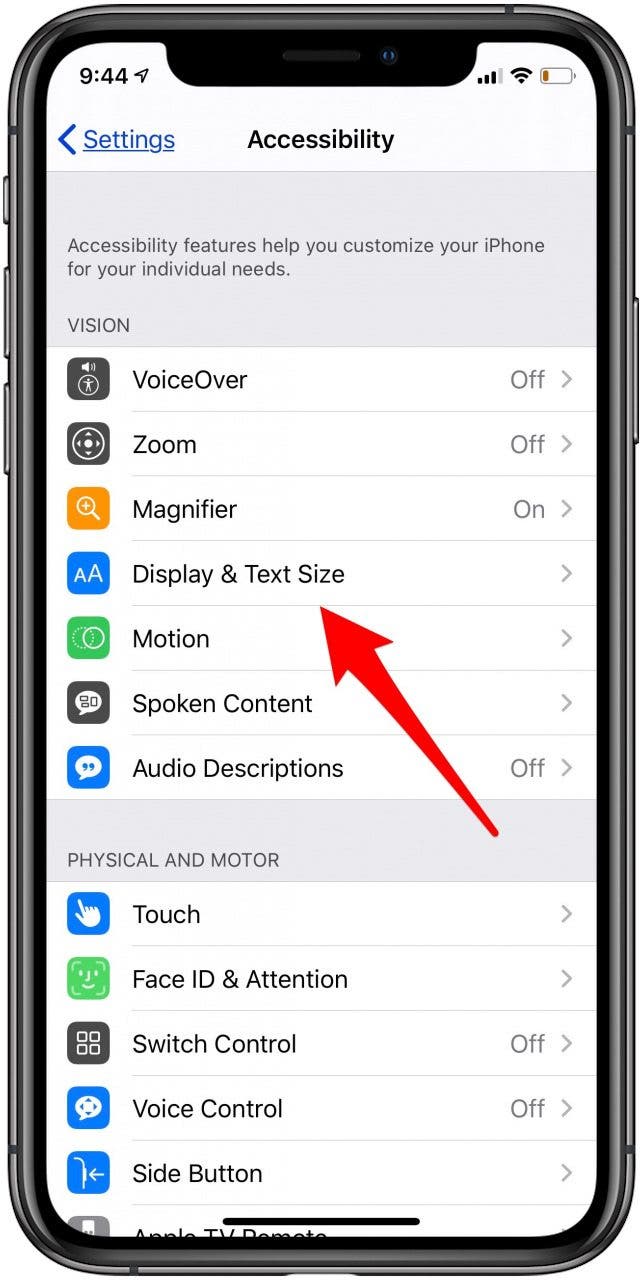 iphone display and text settings