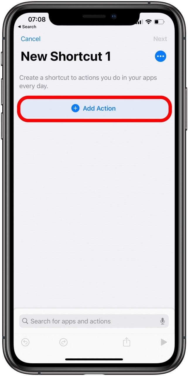 Tap Add action in Shortcuts app