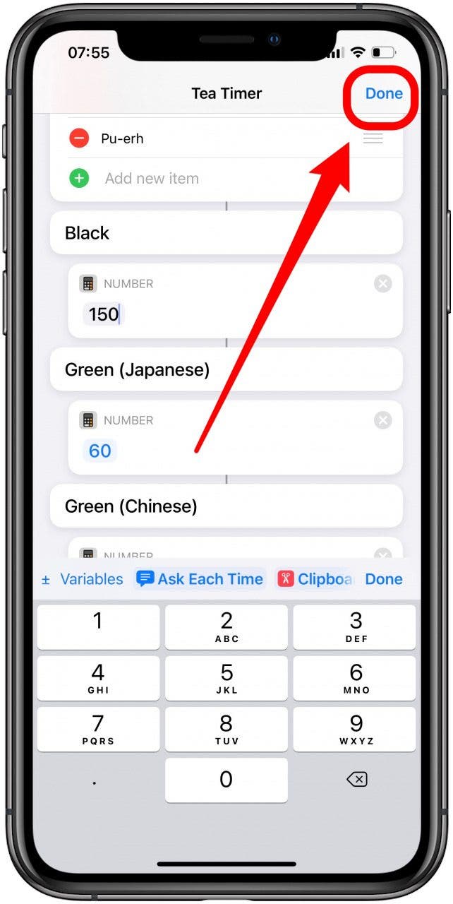Tap Done to save the Shortcut settings.