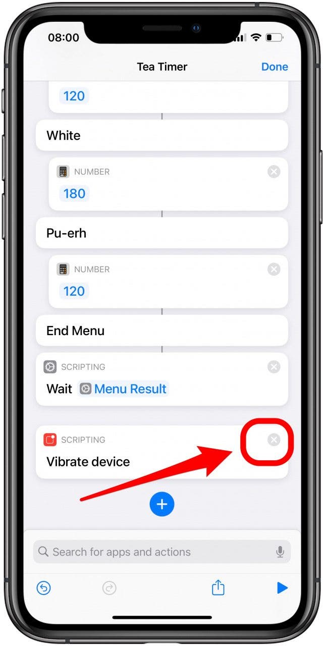 Tap the x to remove the action from Shortcuts
