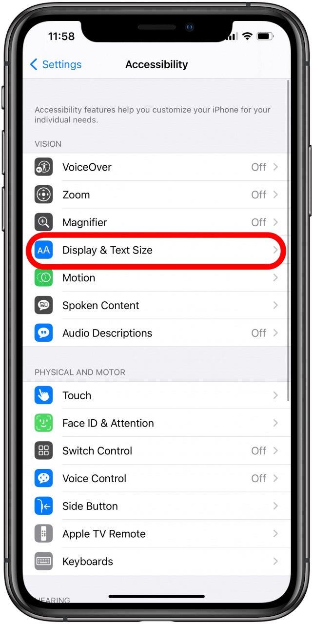 Tap Display & Text Size to enable auto-brightness settings.