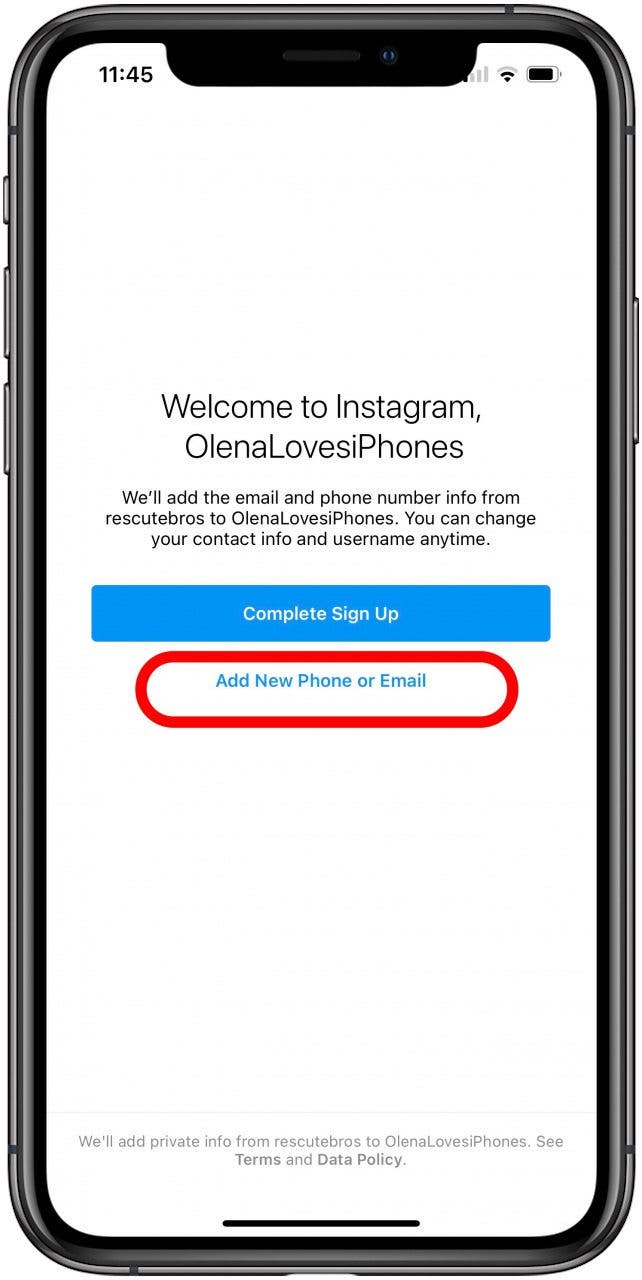 Tap Add New Phone or Email to create a new Instagram account.