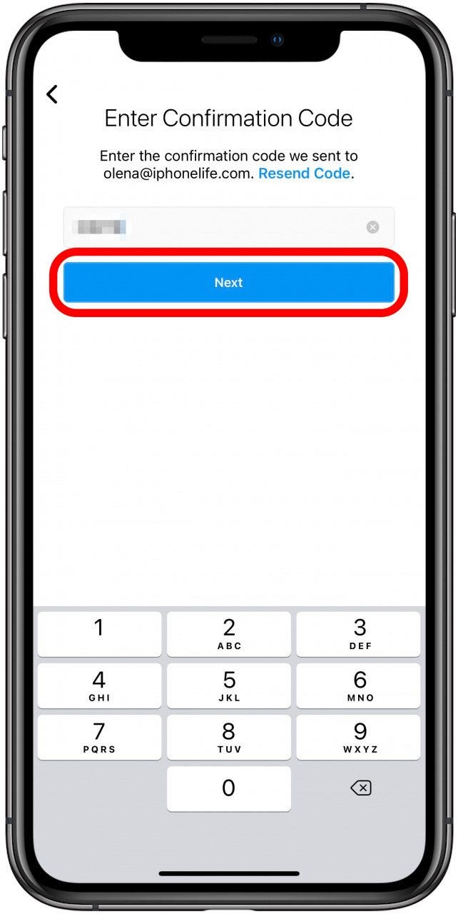 Use the confirmation code to create a new Intagram account.