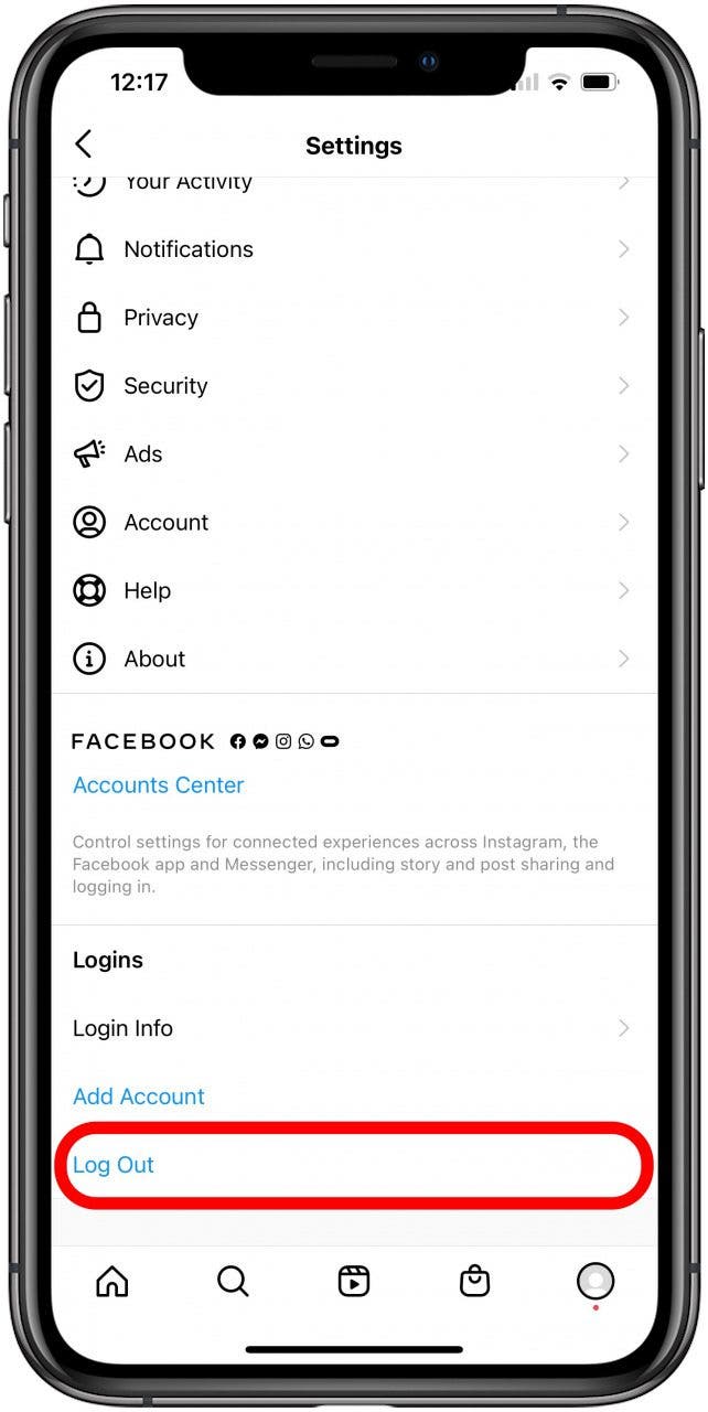 Tap log out to log out of an Instagram account.