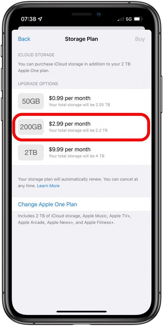 Tap Change Storage Plan.