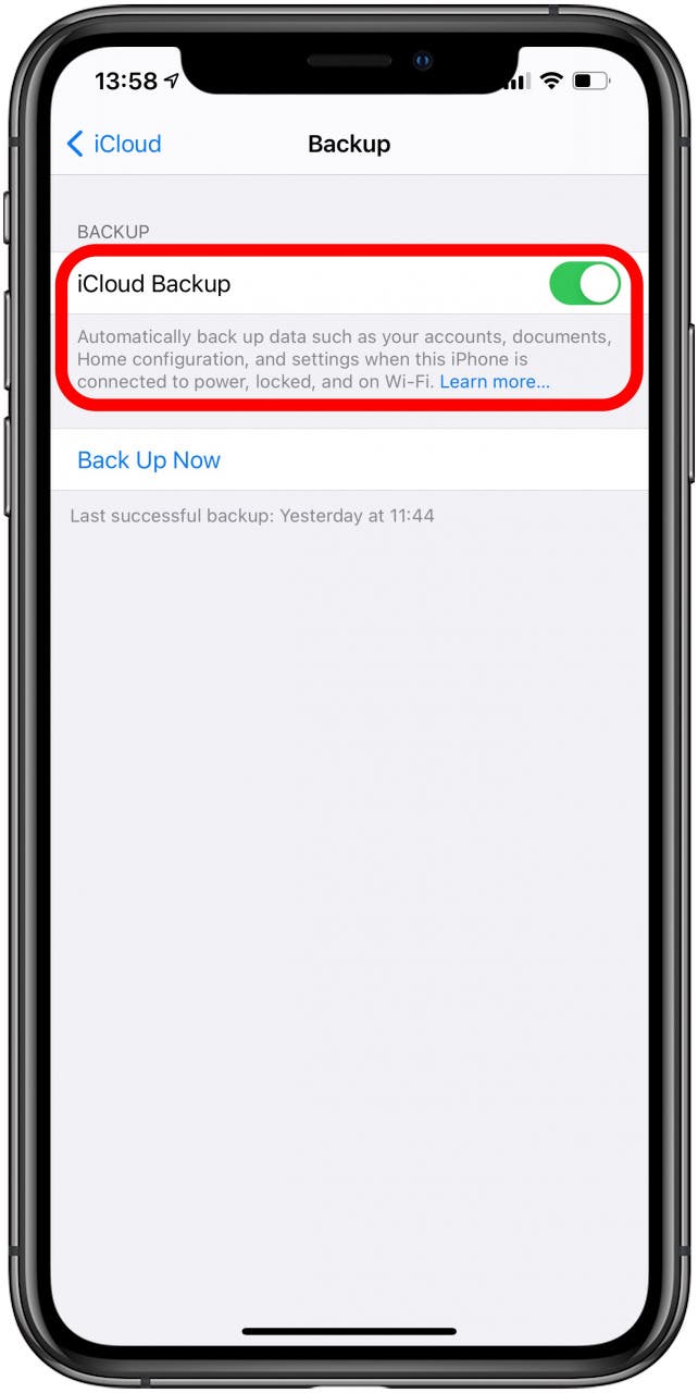 Toggle to turn iCloud Backup on