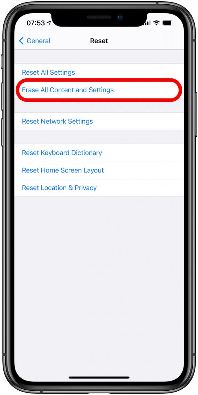 Tap Erase All Content and Settings.