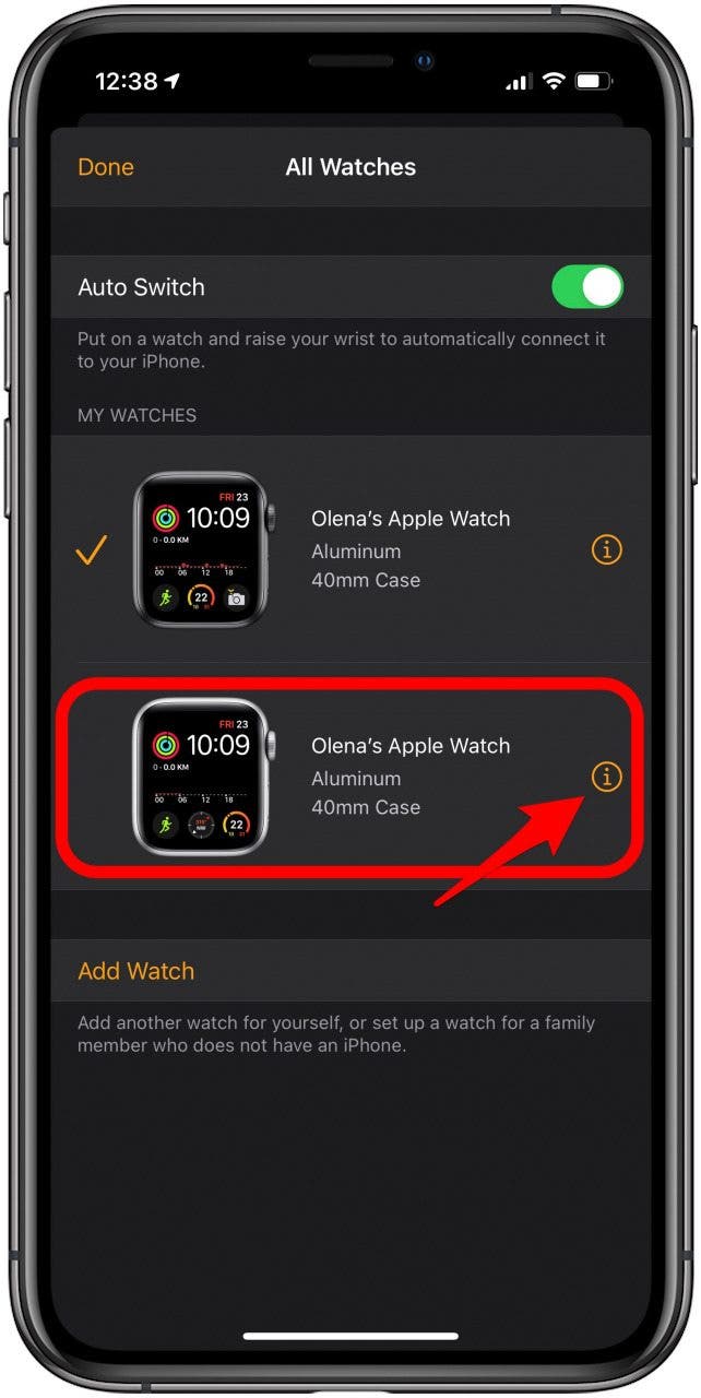 Under My Watches, identify the watch you want to sell and tap the information icon.