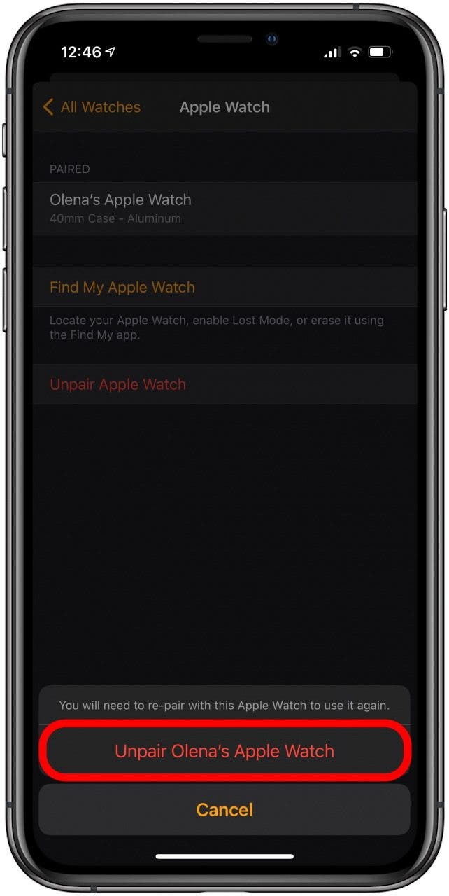 Confirm that you want to unpair the Apple Watch