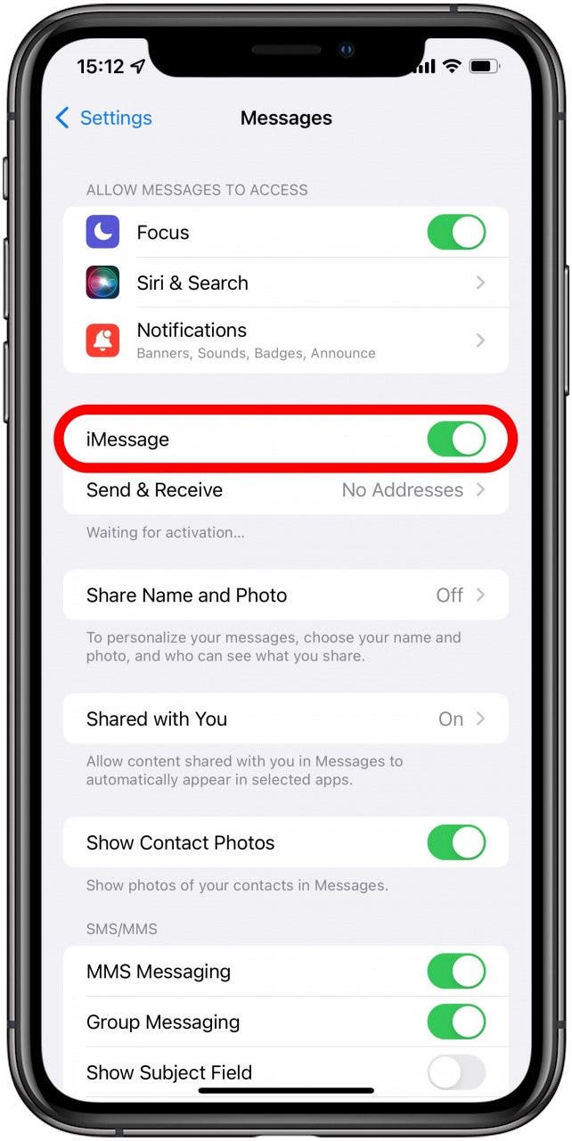 Toggle iMessage on - how to activate imessage with phone number