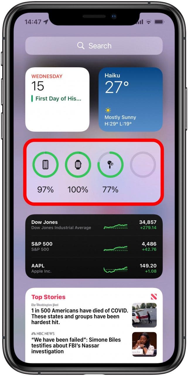 You may automatically have the Battries Widget somehwere on your Today View screen - how to check my airpods battery