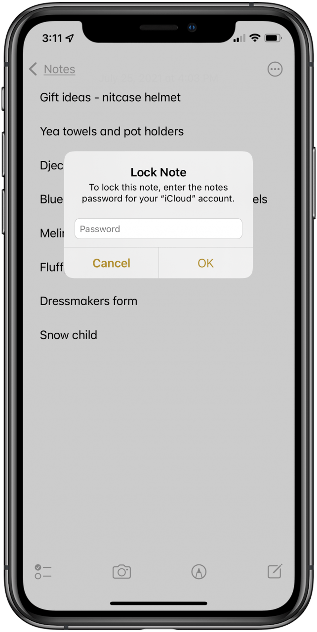 enter passcode to lock note
