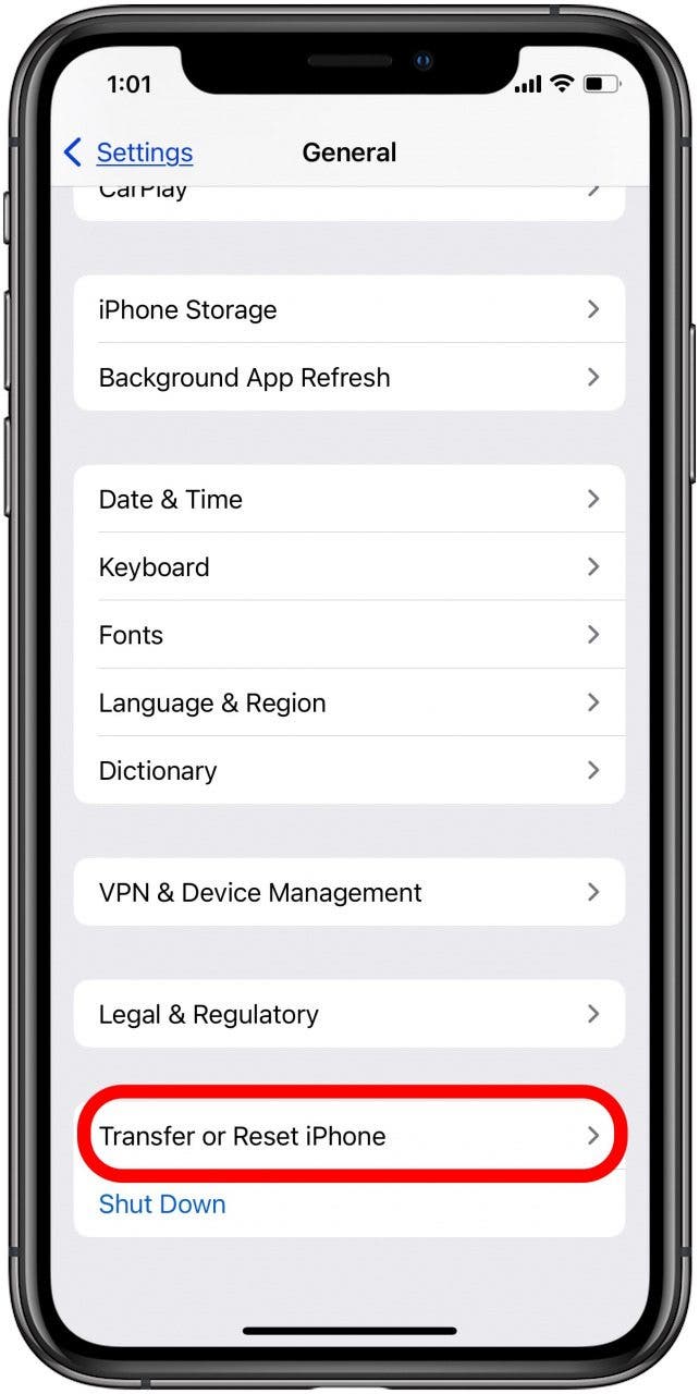 tap transfer or reset iphone