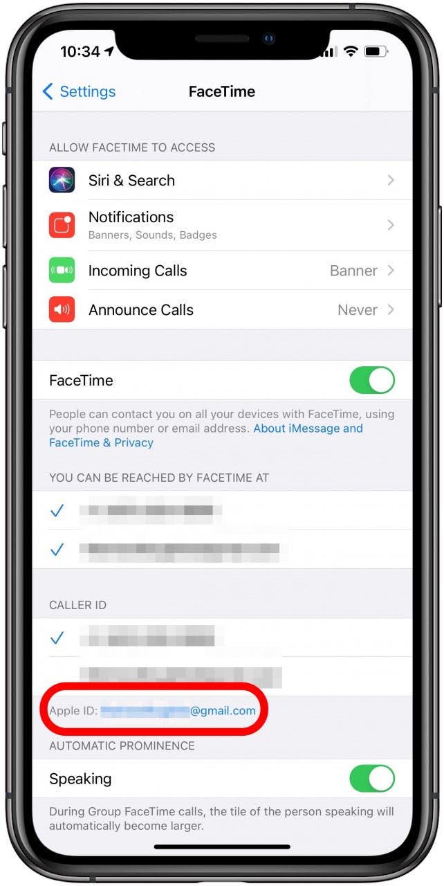Tap your Apple ID to sign out of FaceTime